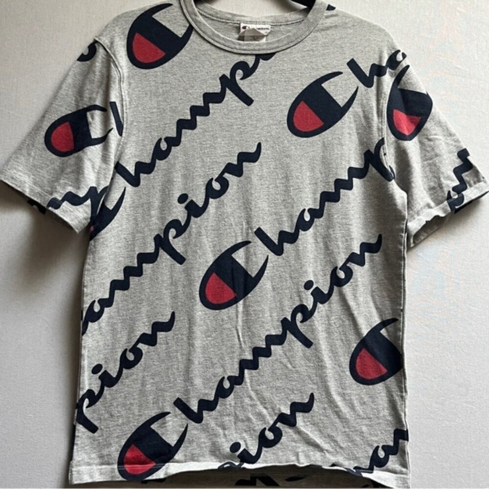 Champion Heritage All-Over Print Spellout Logo T-Shirt Gray M